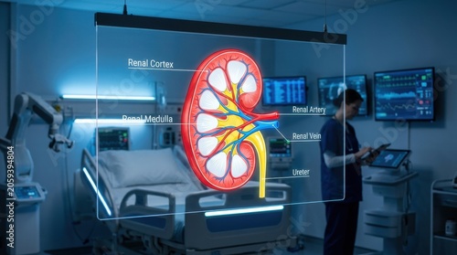 Medical illustration of human kidney anatomy displayed in a modern hospital room setting