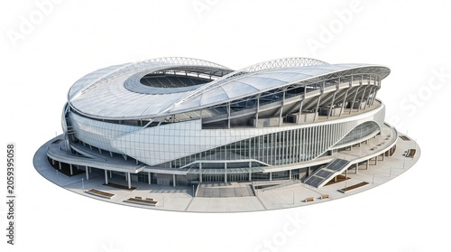 Modern Futuristic Sports Stadium with Curved White Roof and Glass Facade 3D Architecture Visualization