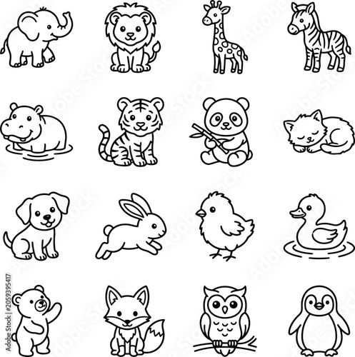 Foto Black and white line drawing of various cartoon animals for coloring book pages