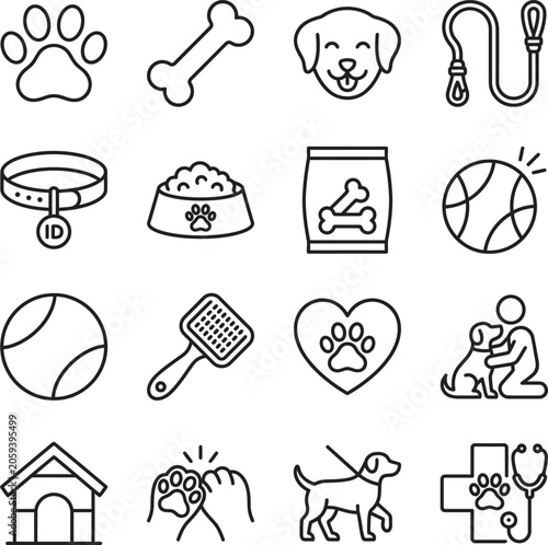 Black and white line icons of dog related items and accessories online
