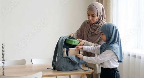 Muslim mother assisting her daughter packing a green lunchbox into school backpack