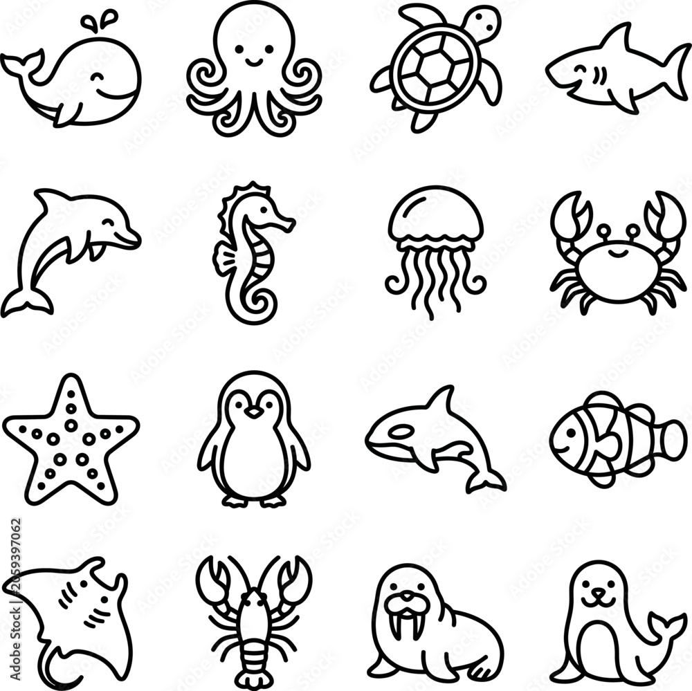 Obraz premium Cute marine animals and sea creatures illustrations on white background