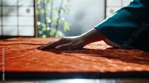 A person's hand rests on a vibrant red fabric surface with a subtle pattern, set against a softly lit background with hints of greenery