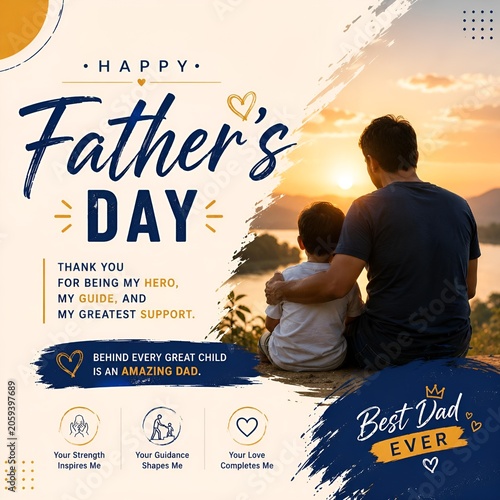 Happy father's day concept social media post with father and son sitting by lake, fathers day