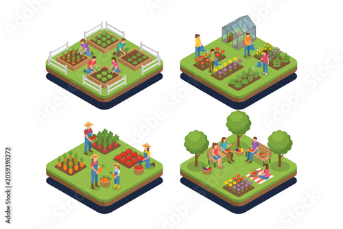 Diverse isometric views showcasing communal gardening, vegetable cultivation, and outdoor leisure activities in a thriving farm environment