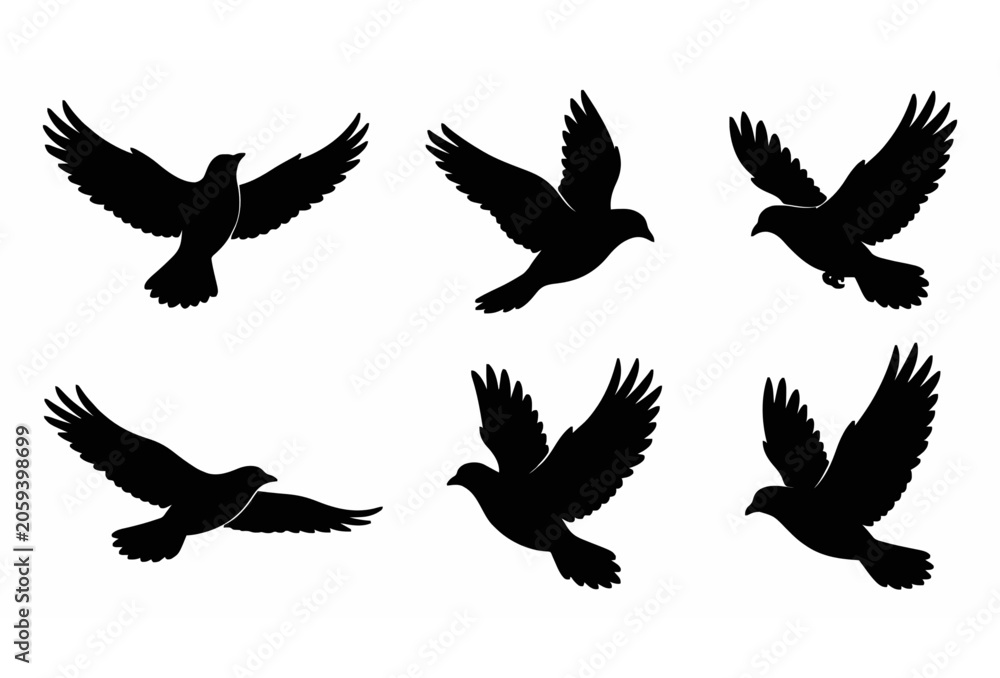Fototapeta premium Flying Black Bird Silhouette Vector Set Six Dove Pigeon Wings Spread Freedom Flight Poses on White Background