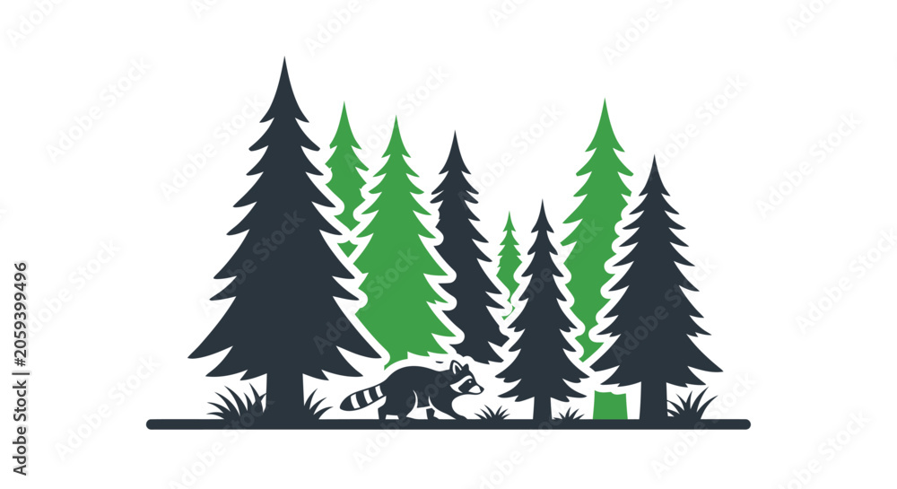Obraz premium Raccoon in Pine Forest Vector Illustration