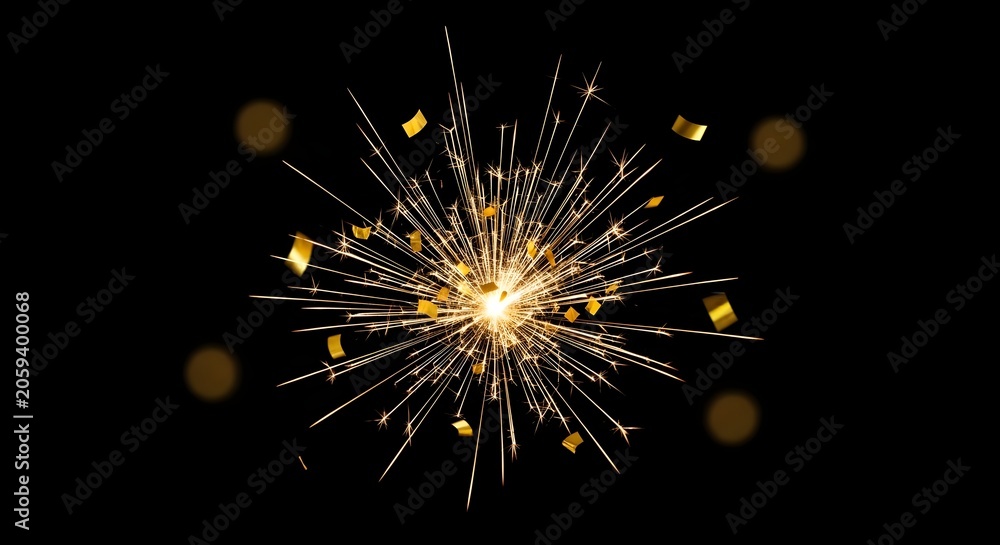 Fototapeta premium Sparkler exploding with golden confetti against black background