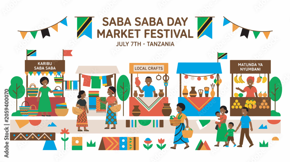 Fototapeta premium Vibrant illustration of Saba Saba Day Market Festival in Tanzania with people enjoying the festive atmosphere under Tanzanian flags and banners.
