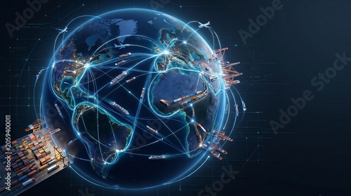 Modern global logistics network visualization with digital shipping route map overlaying busy container port terminal and maritime trade cargo ships at dusk