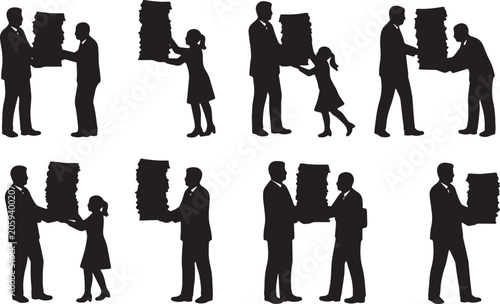 Obraz na plátně Black Solid Top Executive Handing Files Silhouettes Set of Six on White Backgrou