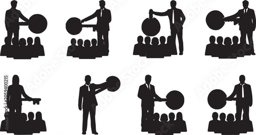 Tableau sur toile Black Solid Top Leader Holding Key Silhouettes Set of Six on White Background