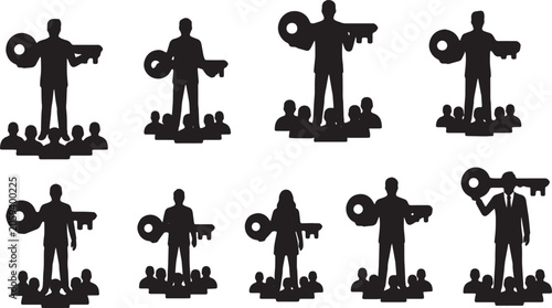 Tableau sur toile Black Solid Top Leader Holding Key Silhouettes Set of Six on White Background