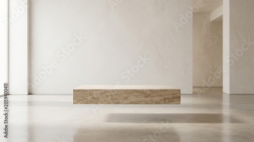 Elegant beige stone podium floating in minimalist concrete interior room with abstract shadow and soft studio light for cosmetic product showcase display banner.
