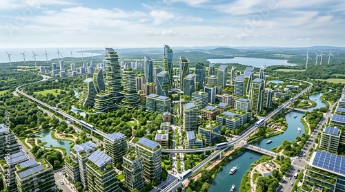 Futuristic eco friendly green city with modern sustainable architecture, solar panels, wind turbines and lush vegetation surrounding a clean urban environment. Generative AI technology