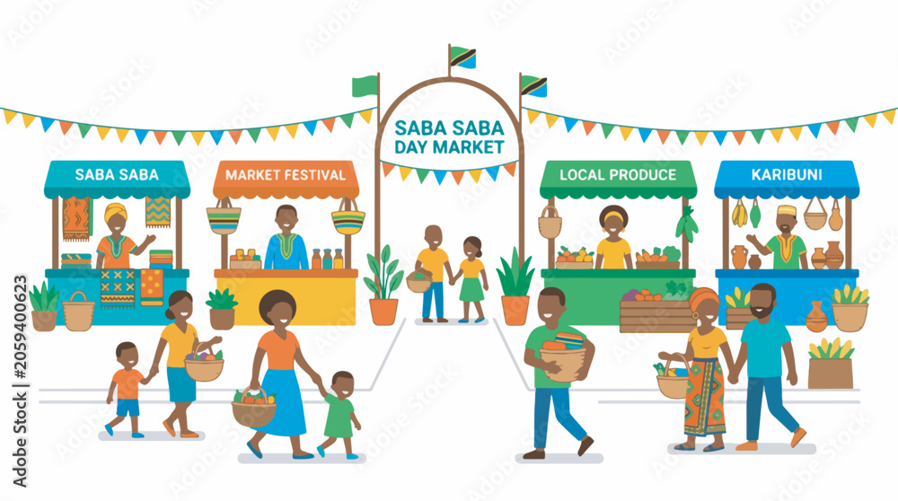 Fototapeta premium Illustration of a vibrant outdoor market scene with diverse people shopping at various stalls under festive decorations.