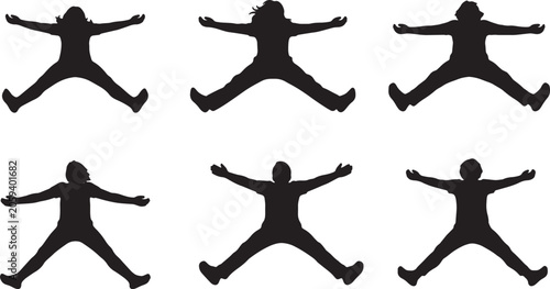 Schilderij op canvas Black Solid Starfish Back Sleeping Silhouettes Set of Six on White Background