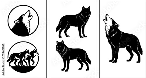 Foto Wolf Silhouette Collection Bundle Featuring Howling and Standing Wolves in Wildl