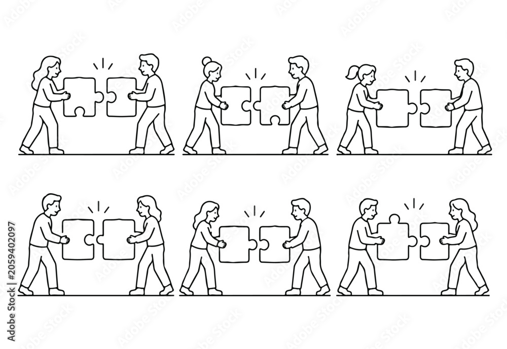 Fototapeta premium People Connecting Puzzle Pieces Teamwork Concept Minimal Line Art Vector Pack