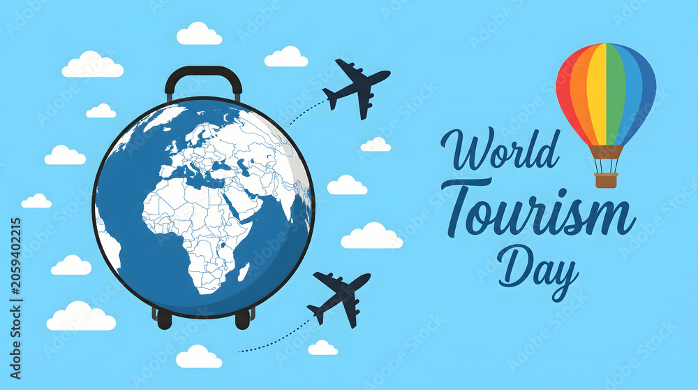 Naklejka premium world tourism day, globe with luggage and airplanes