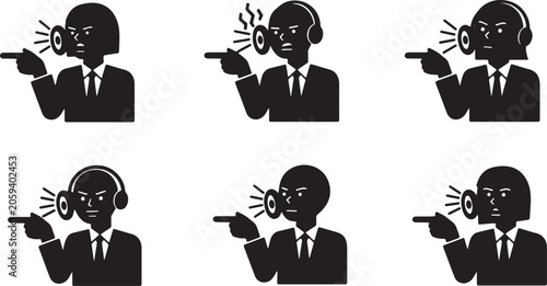 Schilderij op canvas Black Solid Virtual Consultant Pointing Finger Webcam Silhouettes Set of Six on