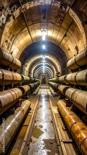 Interior of Long Underground Tunnel with Stacked Cylindrical Tanks