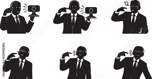Schilderij op canvas Black Solid Virtual Consultant Pointing Finger Webcam Silhouettes Set of Six on