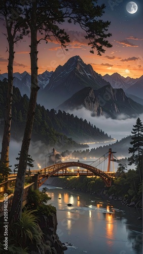 Moonlit Mountain Landscape with Suspension Bridge Over River