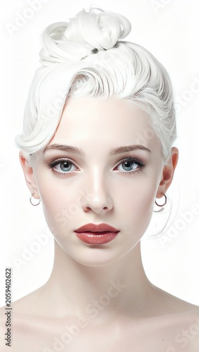 Young Woman with White Hair Styled in Updo and Bold Makeup