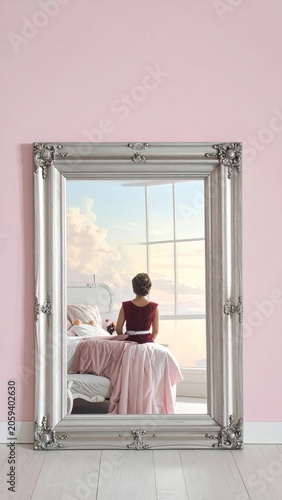 Woman in Nightgown Sitting on Bed Reflected in Ornate Mirror