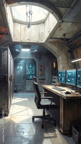 Scientist in Futuristic Control Room with Computer Station