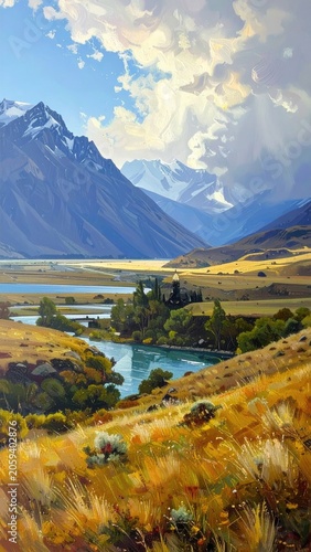 Mountain Valley Landscape with River and Golden Grass