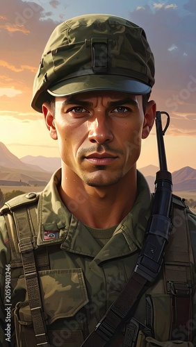 Young Military Soldier Wearing Camouflage Uniform and Cap in Sunset Setting
