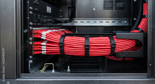 Organized Red Network Cables Installed in Server Rack