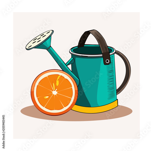 Teal Watering Can with Orange Slice Illustration