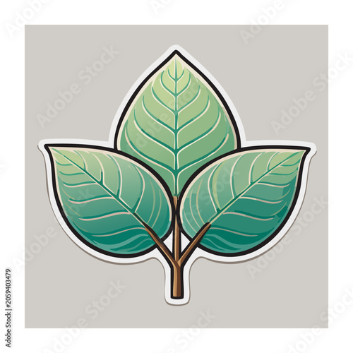 Three Green Leaves with Stem Flat Illustration