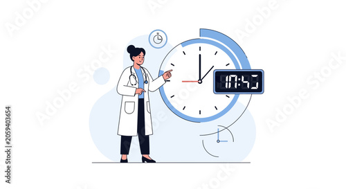 Doctor with stethoscope pointing at a large clock face with digital display, symbolizing time management and healthcare schedules.
