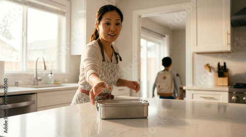 Asian Mother Forgetting Lunch Box While Son Leaves for School
