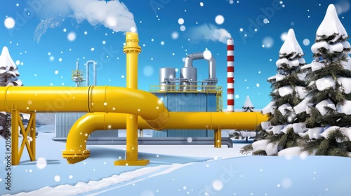 Industrial Facility Surrounded by Snowy Landscape with Yellow Pipelines and Smoke Emitting from Stacks in Winter Setting