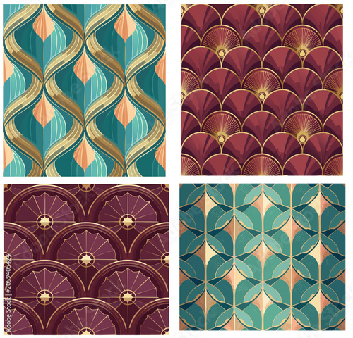 Luxury Art Deco seamless vector pattern bundle. Four pack of geometric backgrounds featuring burgundy, dark teal, and peach tones with gold metallic lines.