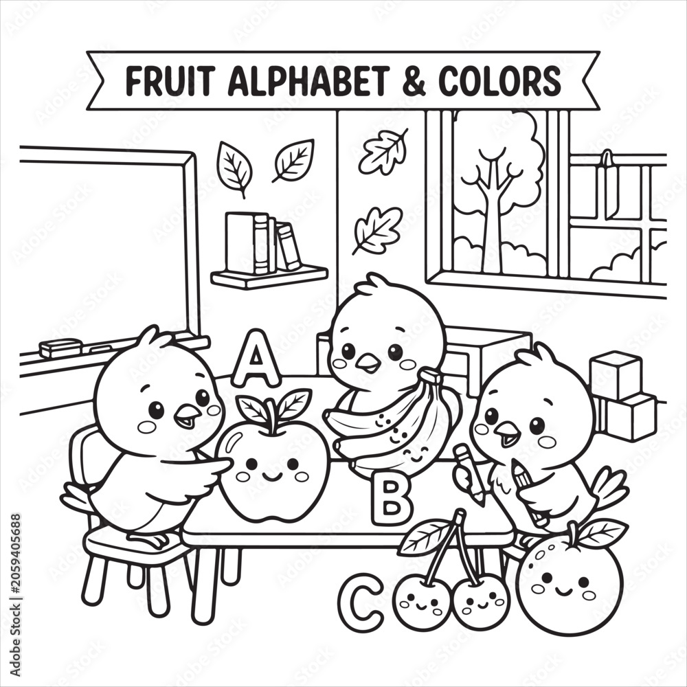 Fototapeta premium Colorful cartoon birds learn alphabet with fruit in classroom Coloring Page 