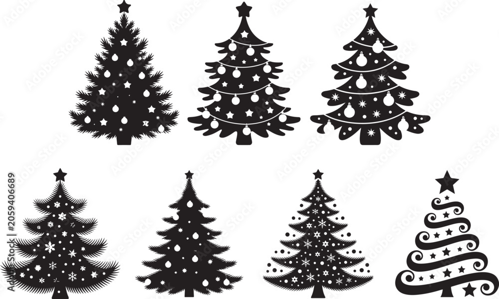 Obraz premium Set of seven black silhouette christmas tree designs with various ornaments and star decorations for holidays