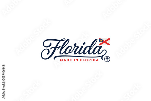 Florida script typography with state flag and palm tree emblem vector illustration