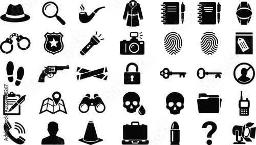 Bild auf Leinwand Detective and crime investigation icon set for mystery and law