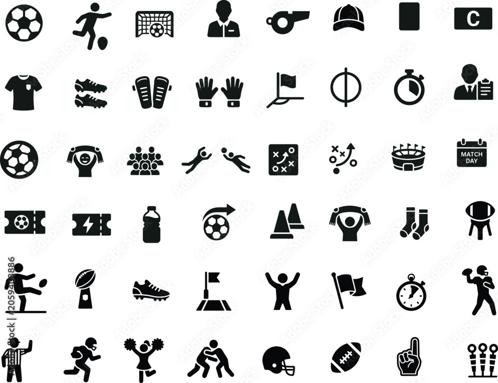 Fototapeta premium Extensive collection of black silhouette icons for soccer and football sports with football collection silhouette