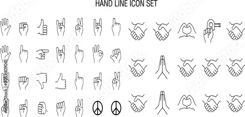 Collection of line vector hand gesture icons including thumbs up pointing finger handshakes and heart signs for communication design graphics.Collection of line vector hand gesture icons including thu