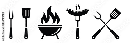 Quadro em tela Barbecue tools silhouette icon set, black grill equipment symbols