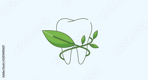 Green leaf entwined around a tooth illustration.
