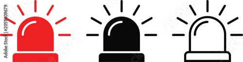 Photos Emergency siren and alarm flasher icon set in red color, black silhouette and outline styles for security and safety