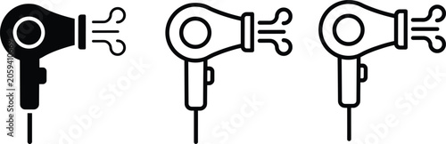Konstfotografi Hair dryer vector icon set featuring solid black and line outline variations with blowing air for beauty salon graphics